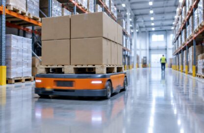 Depo koridorunda kutularla yüklü paleti taşıyan turuncu otonom mobil robot