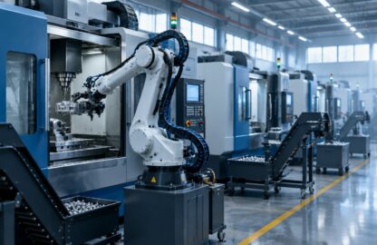 CNC tezgâh sırasında parça yükleyen altı eksenli endüstriyel robot kolu