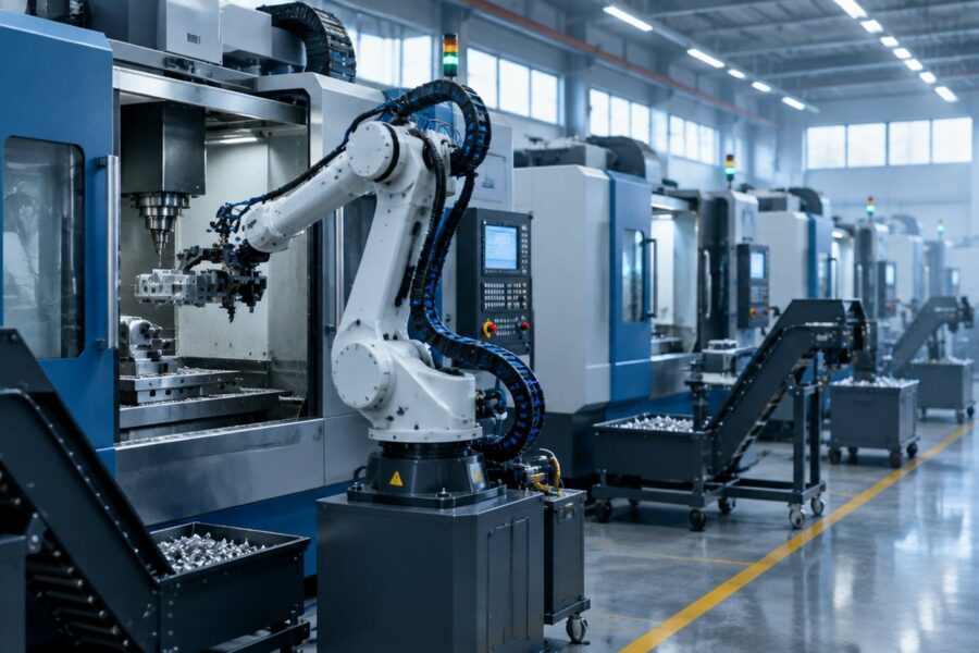 CNC tezgâh sırasında parça yükleyen altı eksenli endüstriyel robot kolu
