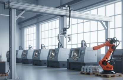 CNC torna tezgâhı sırasının üzerinde tutuculu gantry kartezyen robot ve yanında turuncu altı eksenli robot kol