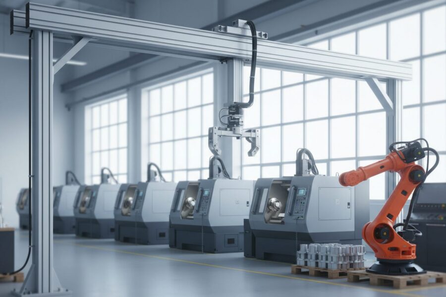 CNC torna tezgâhı sırasının üzerinde tutuculu gantry kartezyen robot ve yanında turuncu altı eksenli robot kol